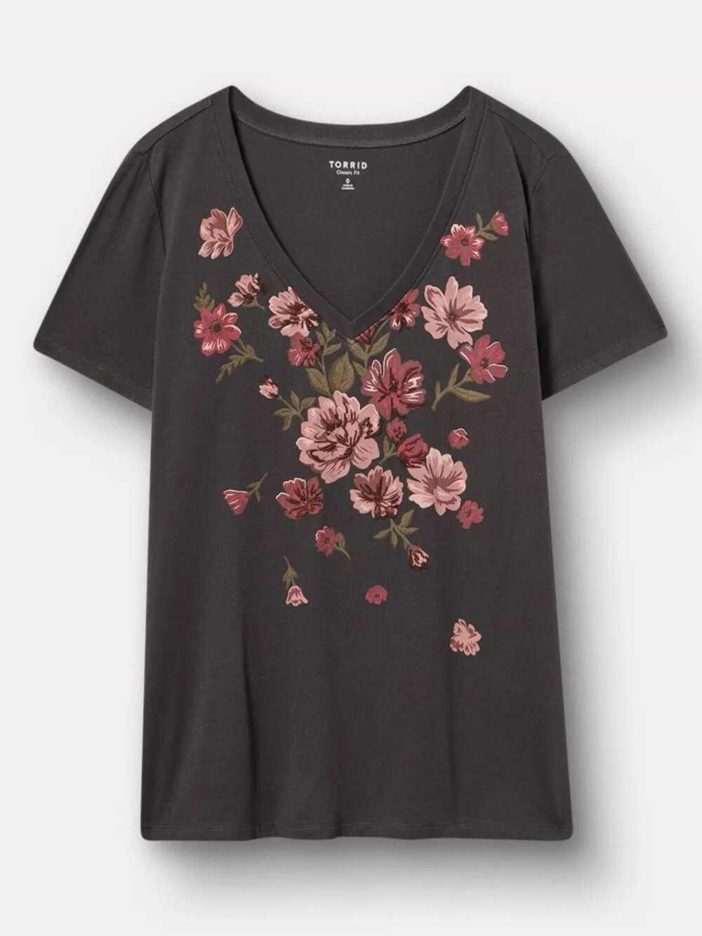 NEW NWT TORRID 2 Plus Size Classic Cotton V-Neck Tee Gray Floral Short Sleeve 2X